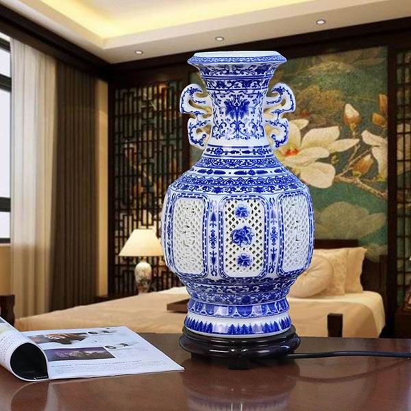 Hollow Carved Chinese Porcelain Vase Lamp
