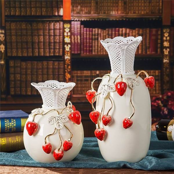 White Porcelain Vase Set With Handmade Strawberries