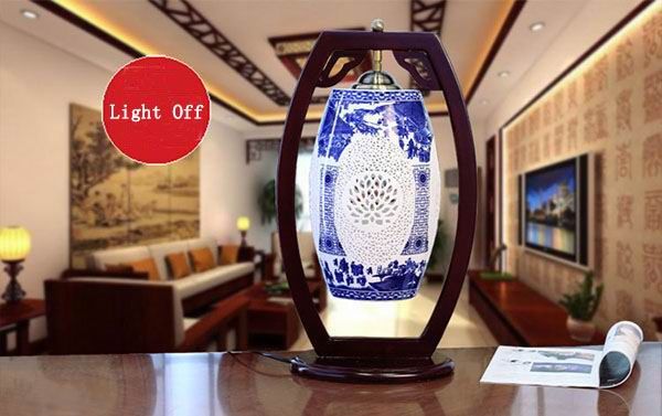 Chinese Hollow Carved Blue and White Porcelain Lamp with Wooden Frame