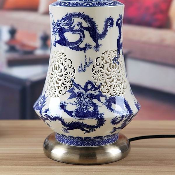 Embossed Dragon Blue and White Porcelain Lamp