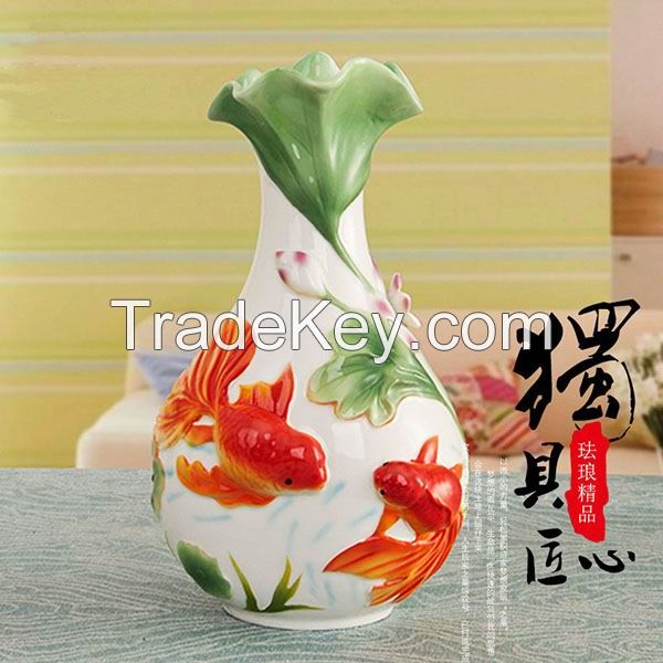 Embossed Goldfish Porcelain Enamel Vase