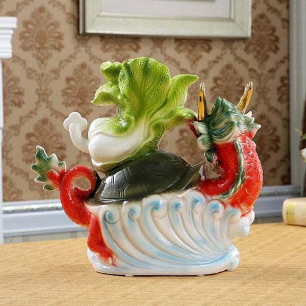 Chinese Dragon Turtle and Cabbage Porcelain Figurines for Home Decorations and Gifts