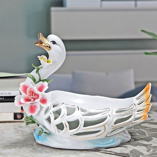 Swan Porcelain Figurines and Fruit Plates With Gold Outline
