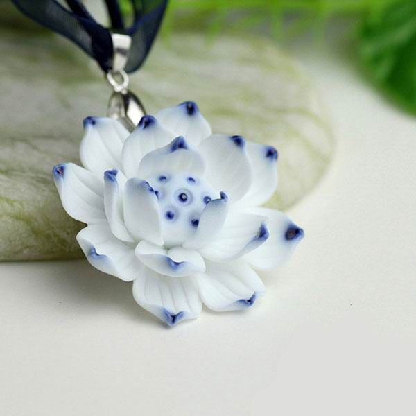 Blue and White Lotus Flower Porcelain Pendants