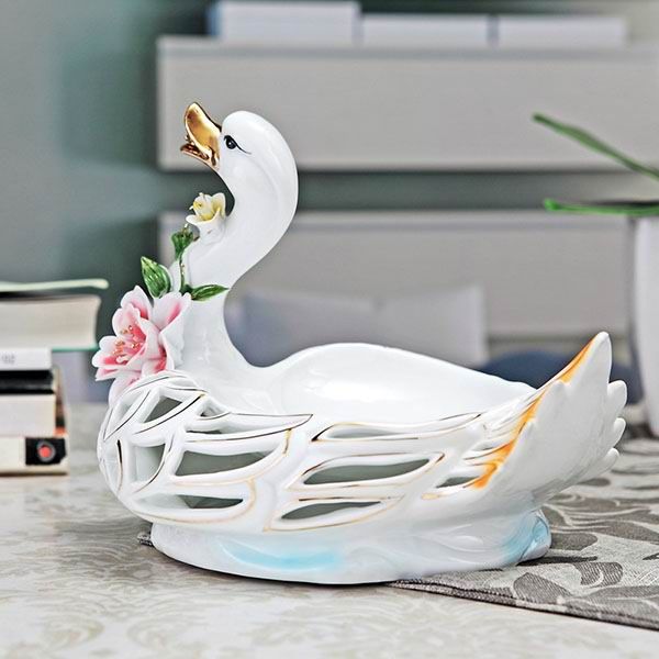 Swan Porcelain Figurines and Fruit Plates With Gold Outline