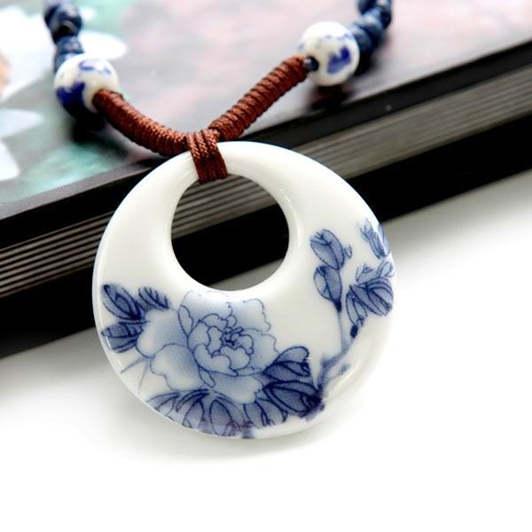 Round Porcelain Pendants Painted Lotus Pond In Moonlight