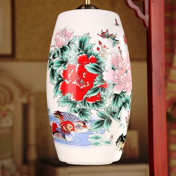 Vintage Lantern Shaped Famille Rose Porcelain Lamp With Wooden Frame