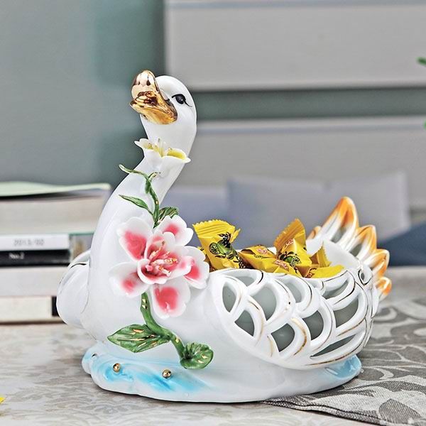 Swan Porcelain Figurines and Fruit Plates With Gold Outline