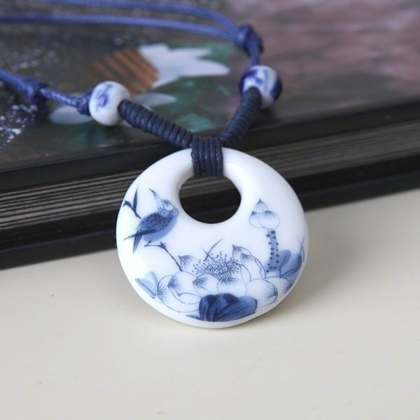 Round Porcelain Pendants Painted Lotus Pond In Moonlight