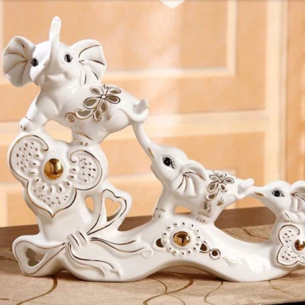 Triple Small Elephants Porcelain Figurines