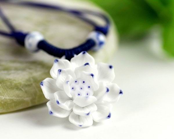 Blue and White Lotus Flower Porcelain Pendants