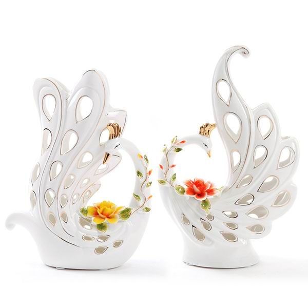 Peacock White Porcelain Figurines With Gold Outline
