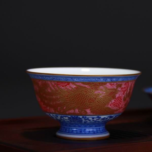 High Quality Handmade Carmine Red Glaze Dragon and Phoenix Bringing Prosperity Blue and White Porcelain Cup With Strong Contrasting Colors