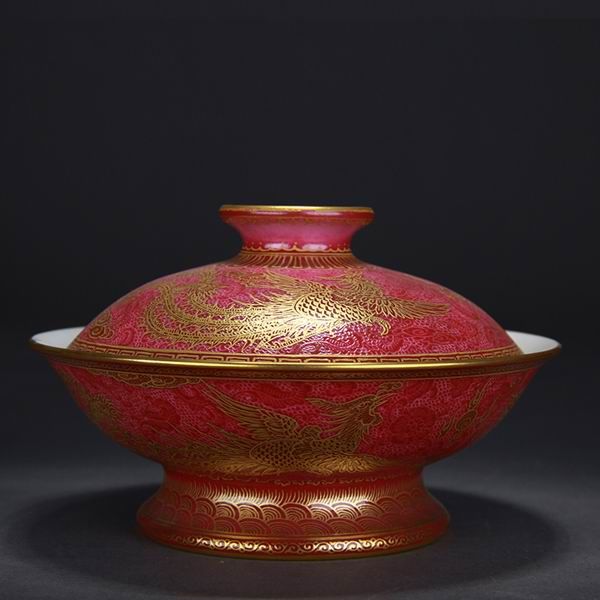 High Quality Handmade Carmine Red Glaze Dragon and Phoenix Bringing Prosperity Porcelain Soup Tureen