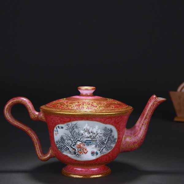 High Quality Handmade Carmine Red Glaze Bell Shaped Porcelain Teapot Painted Snow Scene