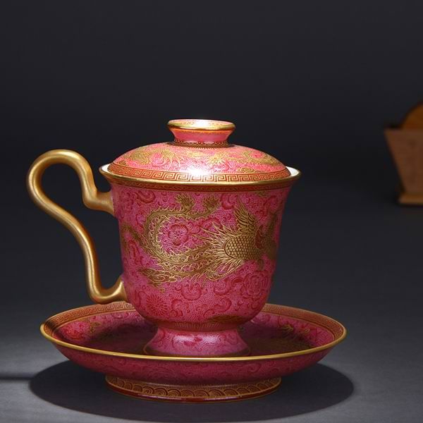 High Quality Handmade Carmine Red Glaze Dragon and Phoenix Bringing Prosperity Porcelain Prince Cup