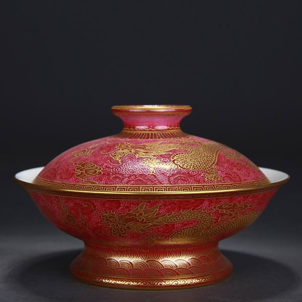 High Quality Handmade Carmine Red Glaze Dragon and Phoenix Bringing Prosperity Porcelain Soup Tureen