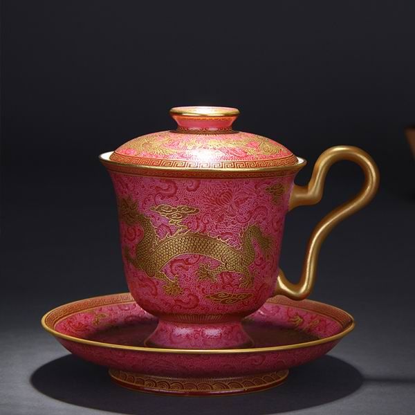 High Quality Handmade Carmine Red Glaze Dragon and Phoenix Bringing Prosperity Porcelain Prince Cup
