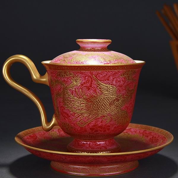 High Quality Handmade Carmine Red Glaze Dragon and Phoenix Bringing Prosperity Porcelain Princess Cup