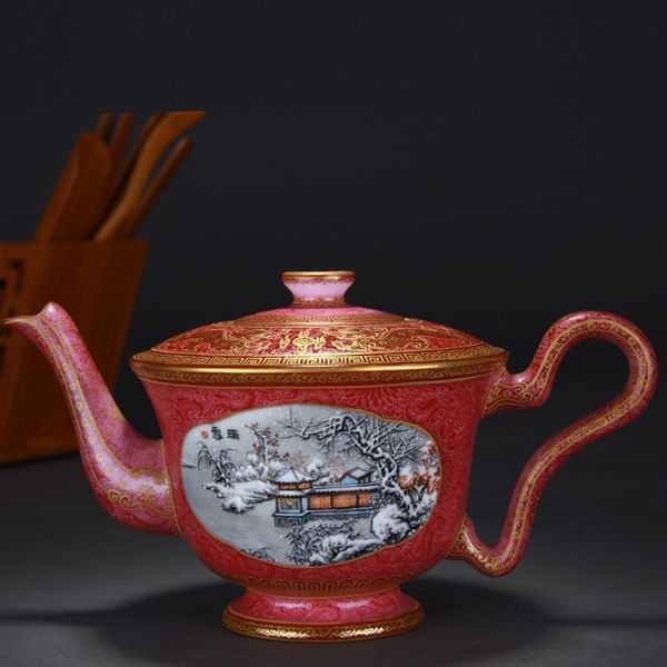 High Quality Handmade Carmine Red Glaze Bell Shaped Porcelain Teapot Painted Snow Scene