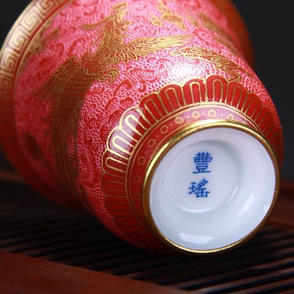 High Quality Handmade Carmine Red Glaze Bell Shaped Dragon and Phoenix Bringing Prosperity Porcelain Cup