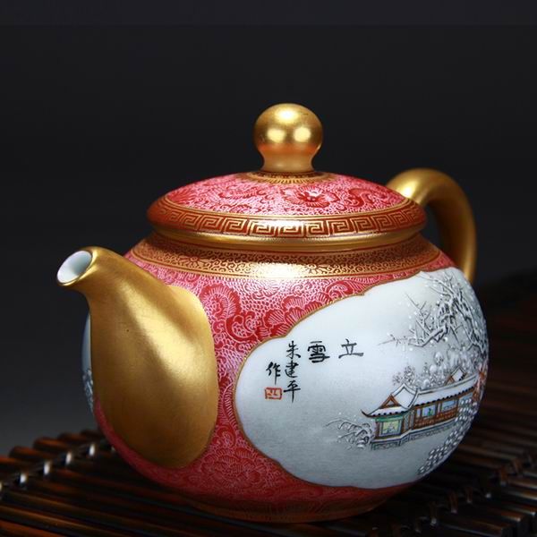 High Quality Handmade Carmine Red Glaze Big Belly Porcelain Teapot Painted Snow Scene