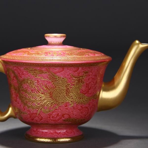 High Quality Handmade Carmine Red Glaze Bell Shaped Dragon and Phoenix Bringing Prosperity Porcelain Teapot