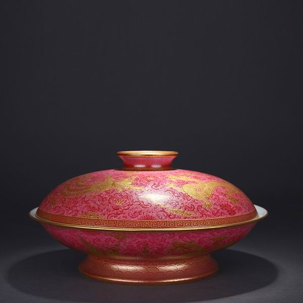 High Quality Handmade Carmine Red Glaze Dragon and Phoenix Bringing Prosperity Wide Mouth Porcelain Soup Tureen