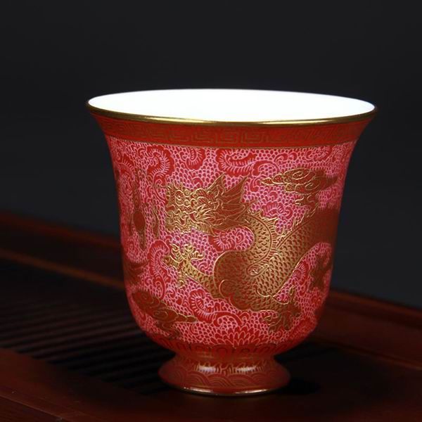 High Quality Handmade Carmine Red Glaze Bell Shaped Dragon and Phoenix Bringing Prosperity Porcelain Cup