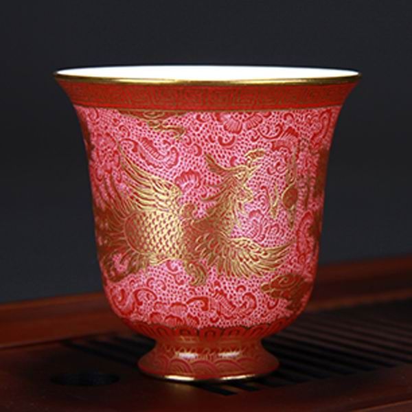 High Quality Handmade Carmine Red Glaze Bell Shaped Dragon and Phoenix Bringing Prosperity Porcelain Cup