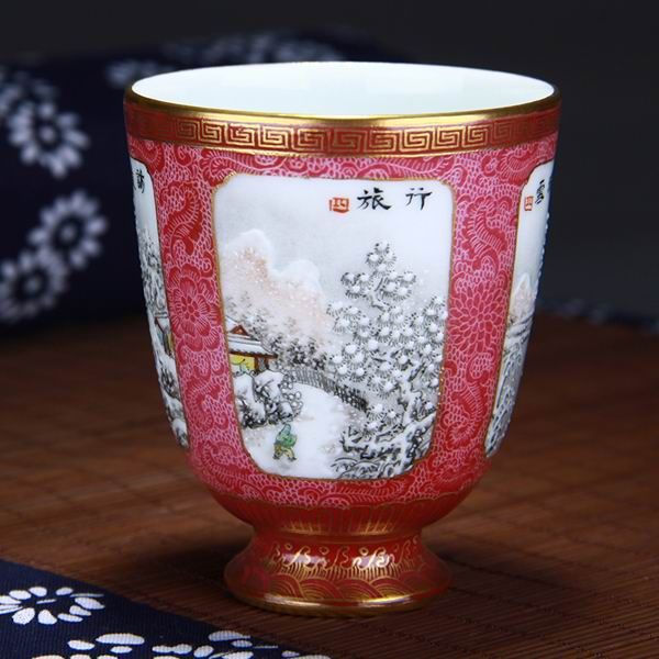 High Quality Handmade Carmine Red Glaze Handwarmer Porcelain Mug On Foot Painted Snow Scene