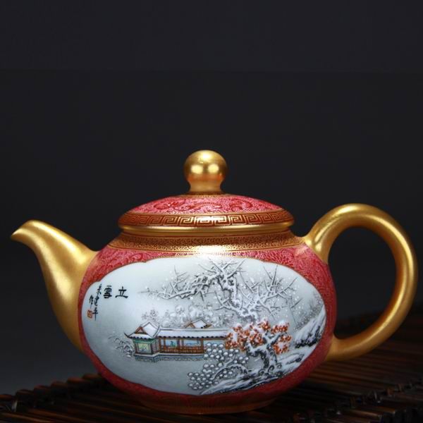 High Quality Handmade Carmine Red Glaze Big Belly Porcelain Teapot Painted Snow Scene