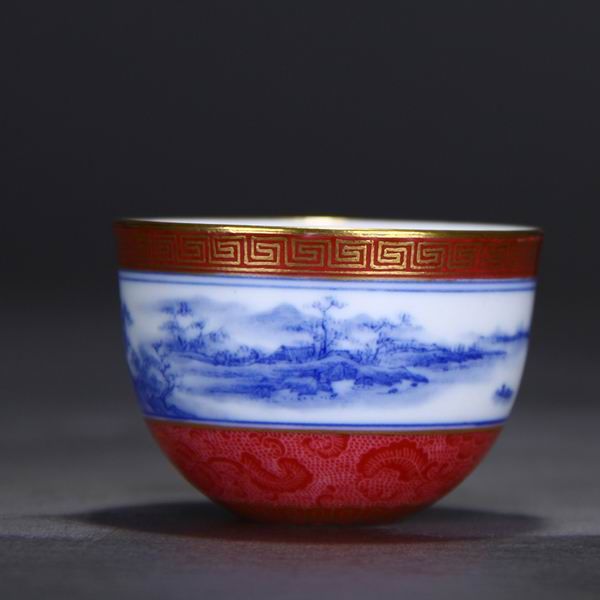 High Quality Handmade Carmine Red Glaze Blue and White Porcelain Cup With Strong Contrasting Colors