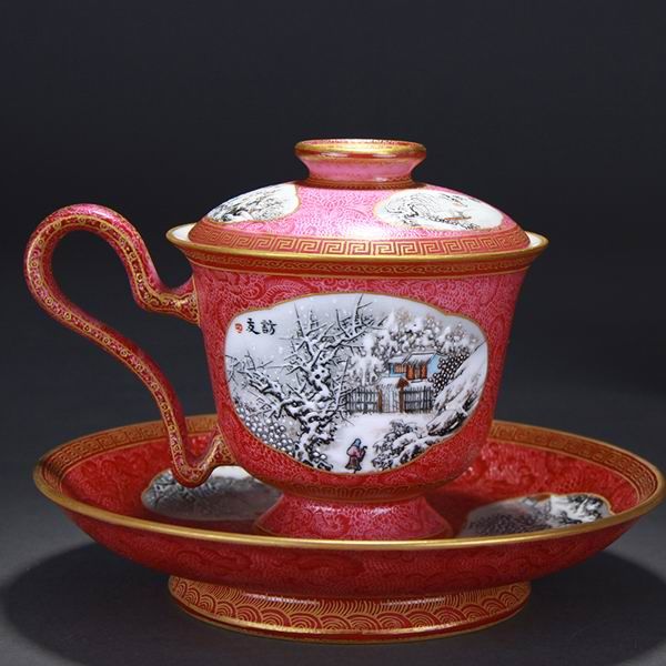 High Quality Handmade Carmine Red Glaze Porcelain Princess Cup Painted Snow Scene