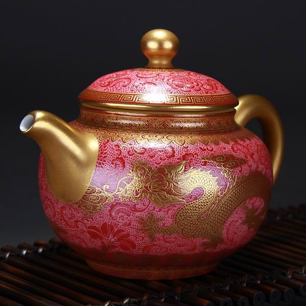 High Quality Handmade Carmine Red Glaze Dragon and Phoenix Bringing Prosperity Big Belly Porcelain Teapot