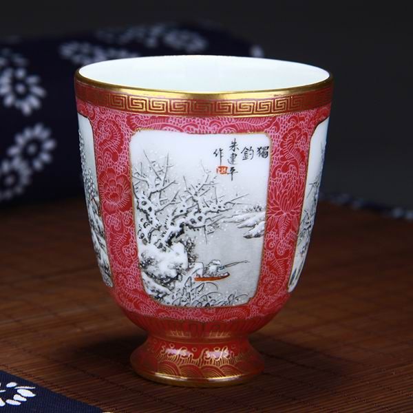 High Quality Handmade Carmine Red Glaze Handwarmer Porcelain Mug On Foot Painted Snow Scene