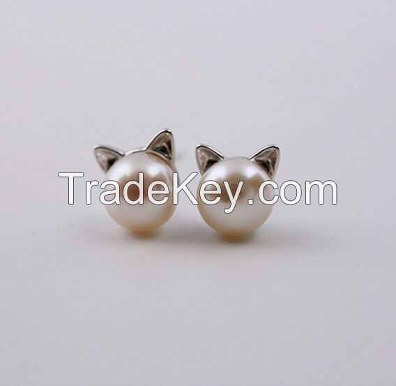 S925 Silver Cat Earrings, Fresh water Pearl Stud Earrings, Cat Ear Stud Earring, earrings for women, silver stud earrings