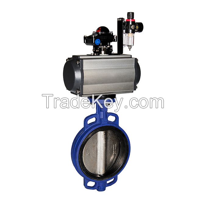 Pneumatic butterfly valve wafer ends double single acting actuator