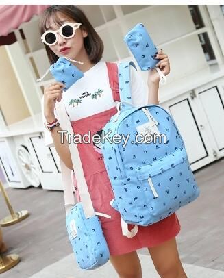 2016Korean style of canvas backpack 4pcs in one set fashion school bag