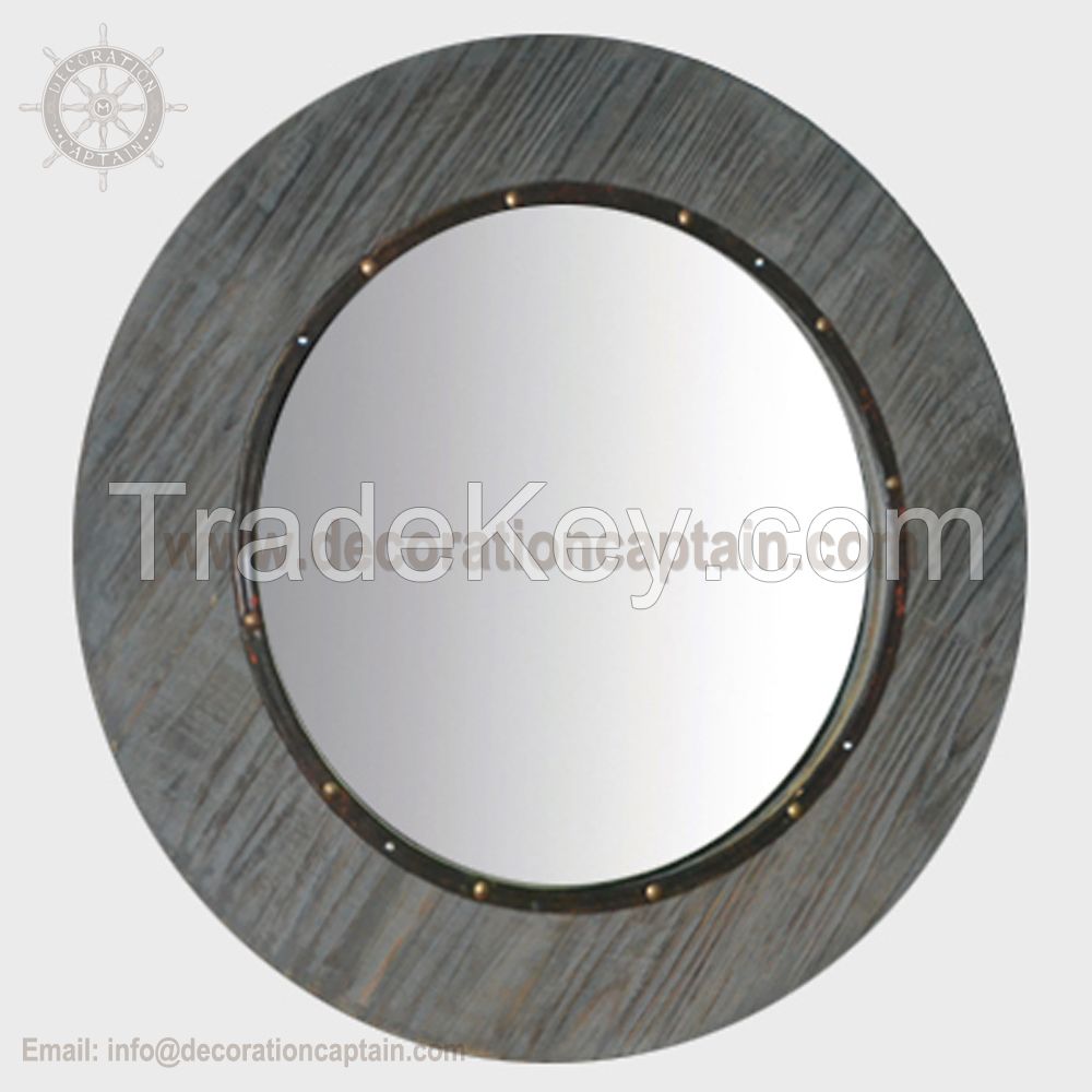 Round Mirror With Wood Frame Wall Mirror Beveled Round Abstract Modern Aged Wooden Mirrors