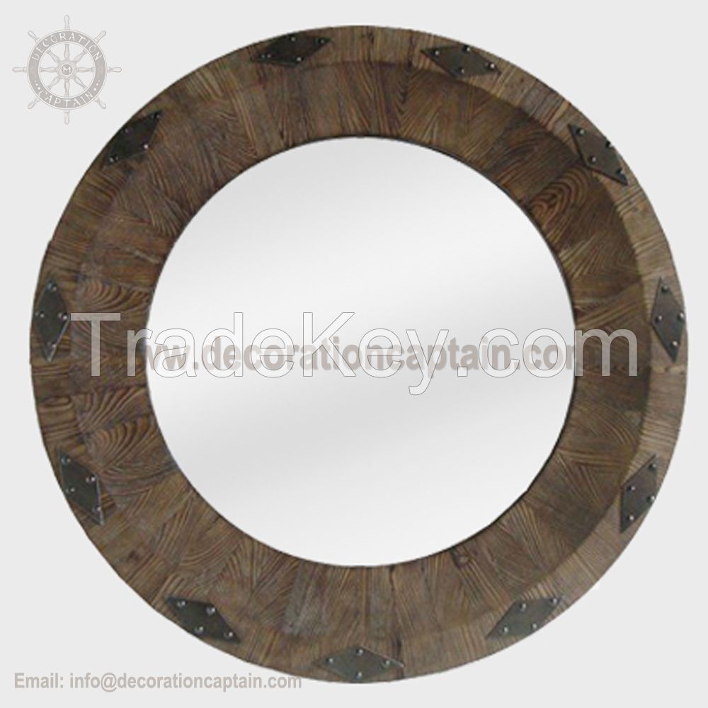 Round Mirror With Wood Frame Wall Mirror Beveled Round Abstract Modern Aged Wooden Mirrors