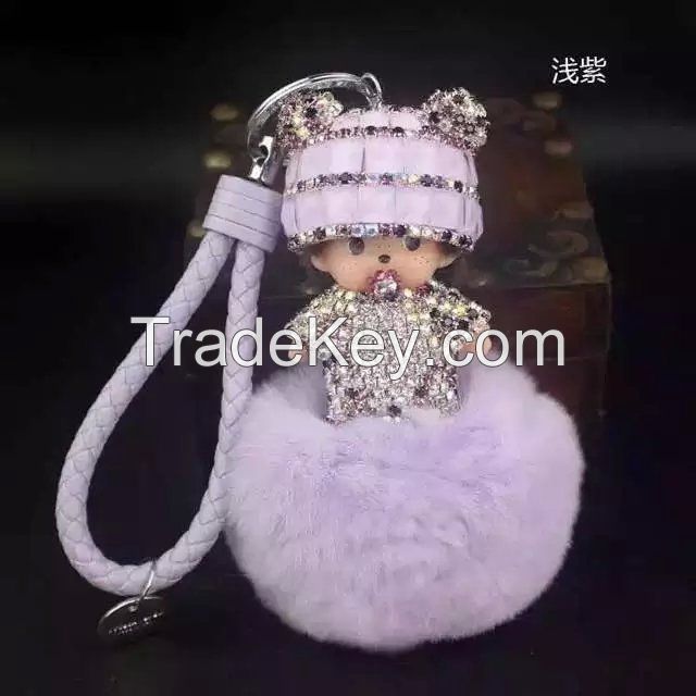 2016 new Monchichi keychain 8cm real rabbit fur pom pom Crystal Monchi