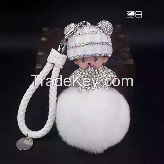 2016 new Monchichi keychain 8cm real rabbit fur pom pom Crystal Monchi