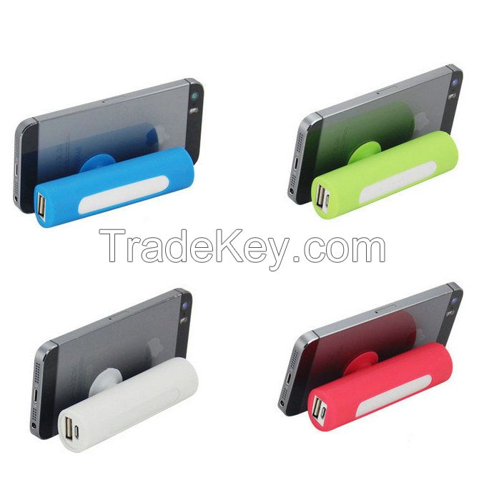  Wholesale cylinder style silicone sucker 2600mah power bank with phone stand