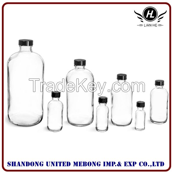 Wholesale clear/amber/blue boston round glass bottle with various kinds of cap