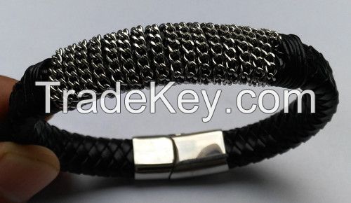 Stainless steel bracelet with leather