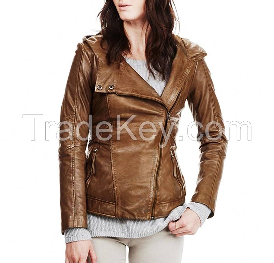 Slim Fit Genuine Leather Jacket With Hoodie For Women -