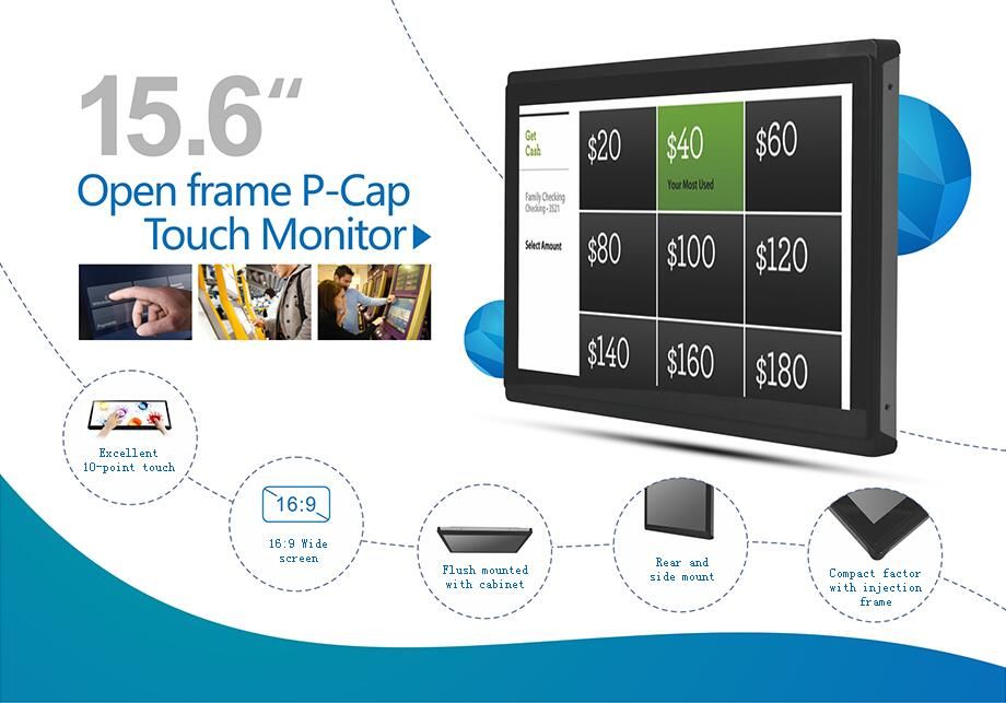 15.6''Wide-Screen Open-Frame Touch Monitor P-Cap Kiosk IDS/AlO LCD monitors