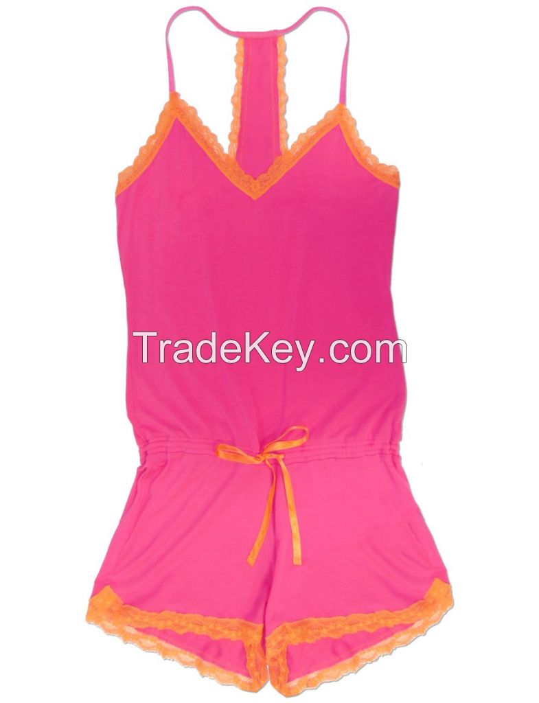 FUCHSIA PINK V NECK LACE PATTERN NIGHTWEAR