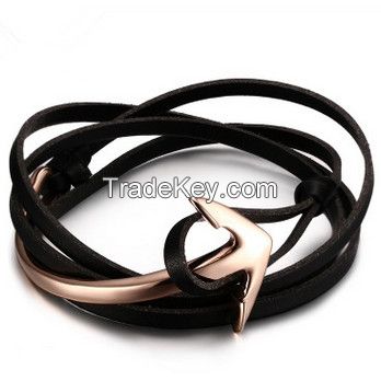 18k gold bracelet genuine leather wrap stainless steel anchor bracelet